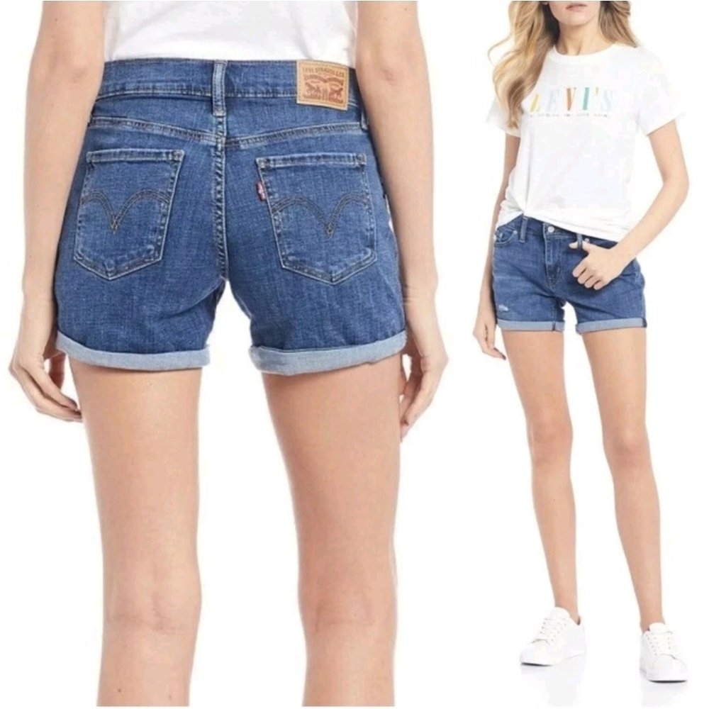 Levi's Mid Length Rolled Cuff Shorts Size 33 Blue Denim Pockets